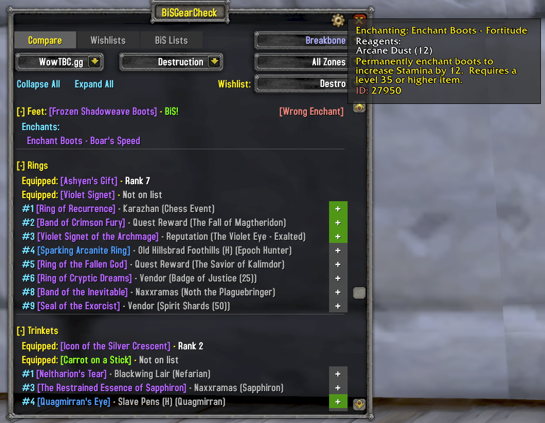 BISGearCheck Compare tab showing equipped vs BiS gear