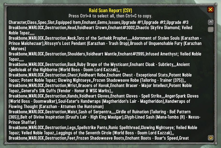 BISGearCheck Raid Scan CSV export