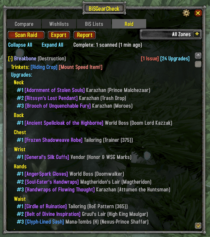 BISGearCheck Raid Scan showing issues and upgrades per character