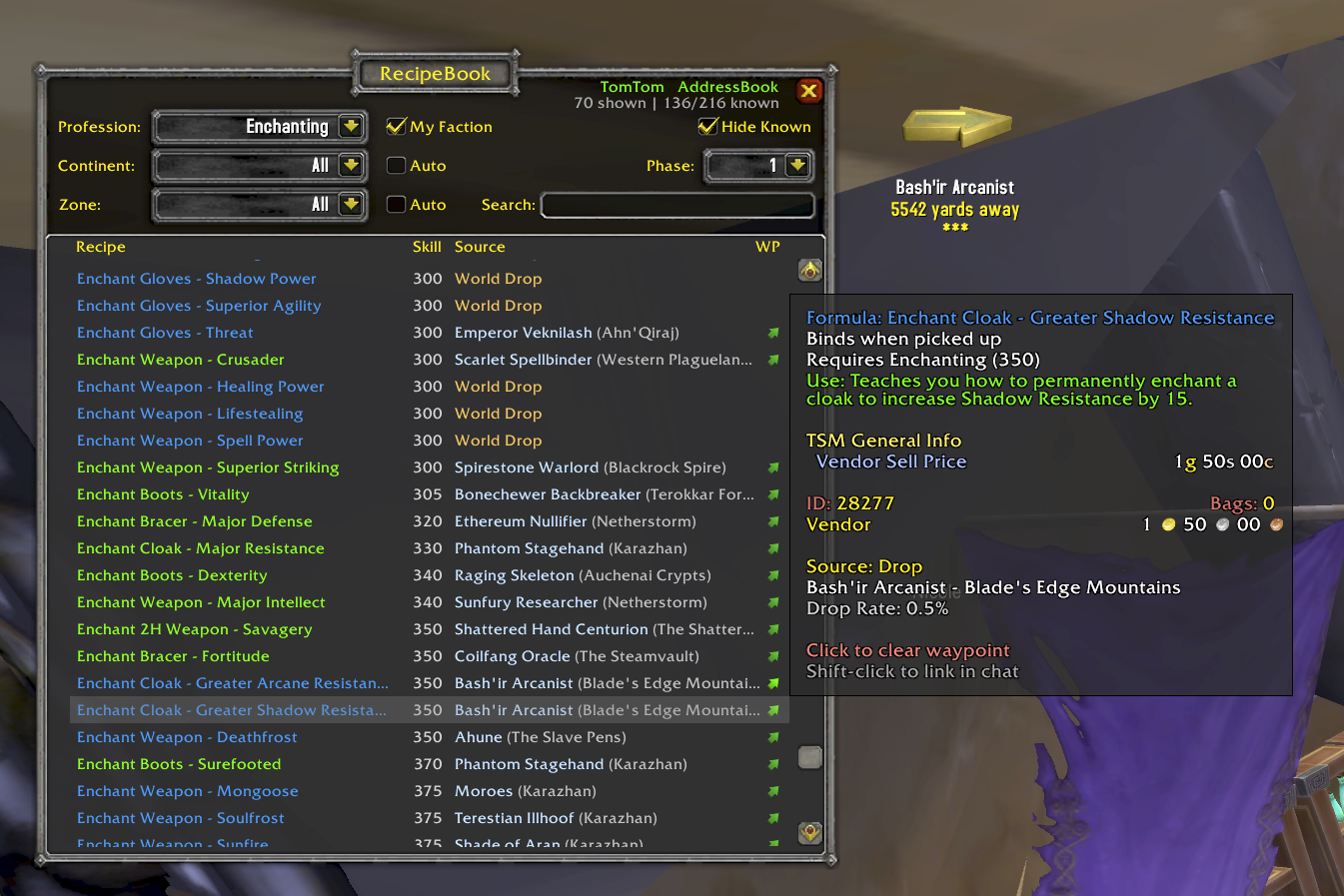 RecipeBook main window showing profession recipes grouped by source